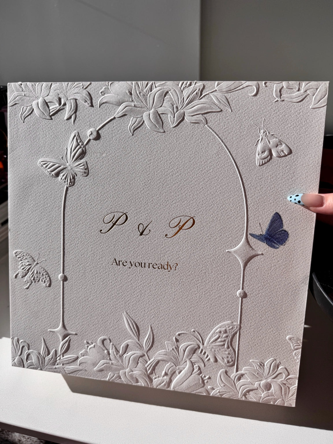 Front of the Posoulo gift box with P and P, Are you ready, butterflies and relief floral artwork